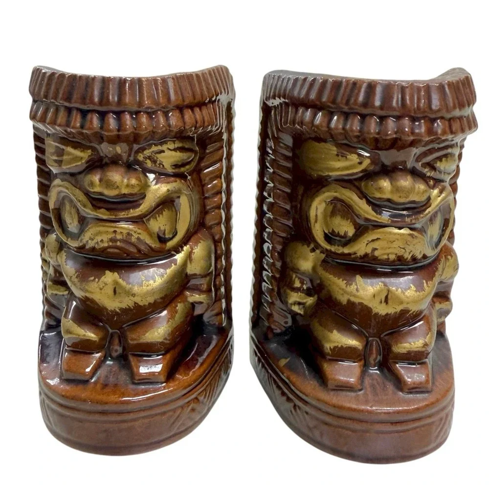 Vintage Tiki Hawaiian Ceramic Salt & Pepper Shakers Brown Gold‎ Made In Japan